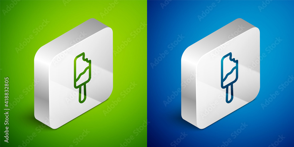 Isometric line Ice cream on stick icon isolated on green and blue background. Sweet symbol. Silver square button. Vector. Isometric line Ice cream on stick icon isolated on green and blue background. Sweet symbol. Silver square button. Vector.