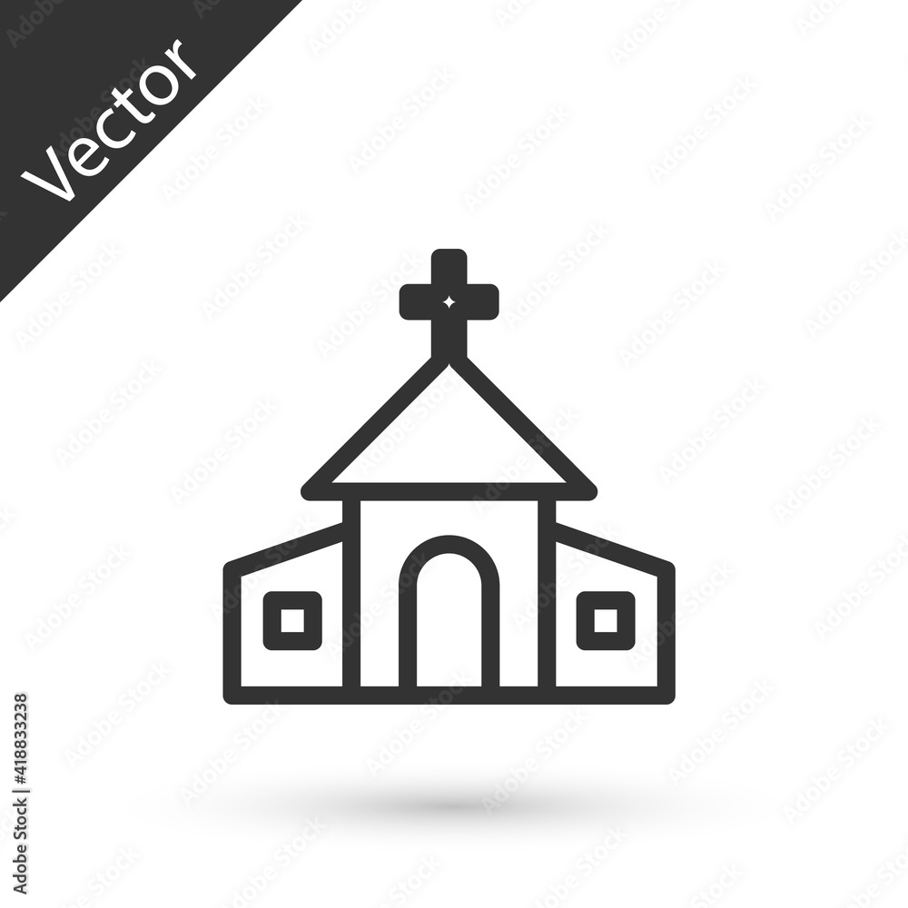 Grey line Church building icon isolated on white background. Christian Church. Religion of church. Vector. Grey line Church building icon isolated on white background. Christian Church. Religion of church. Vector.