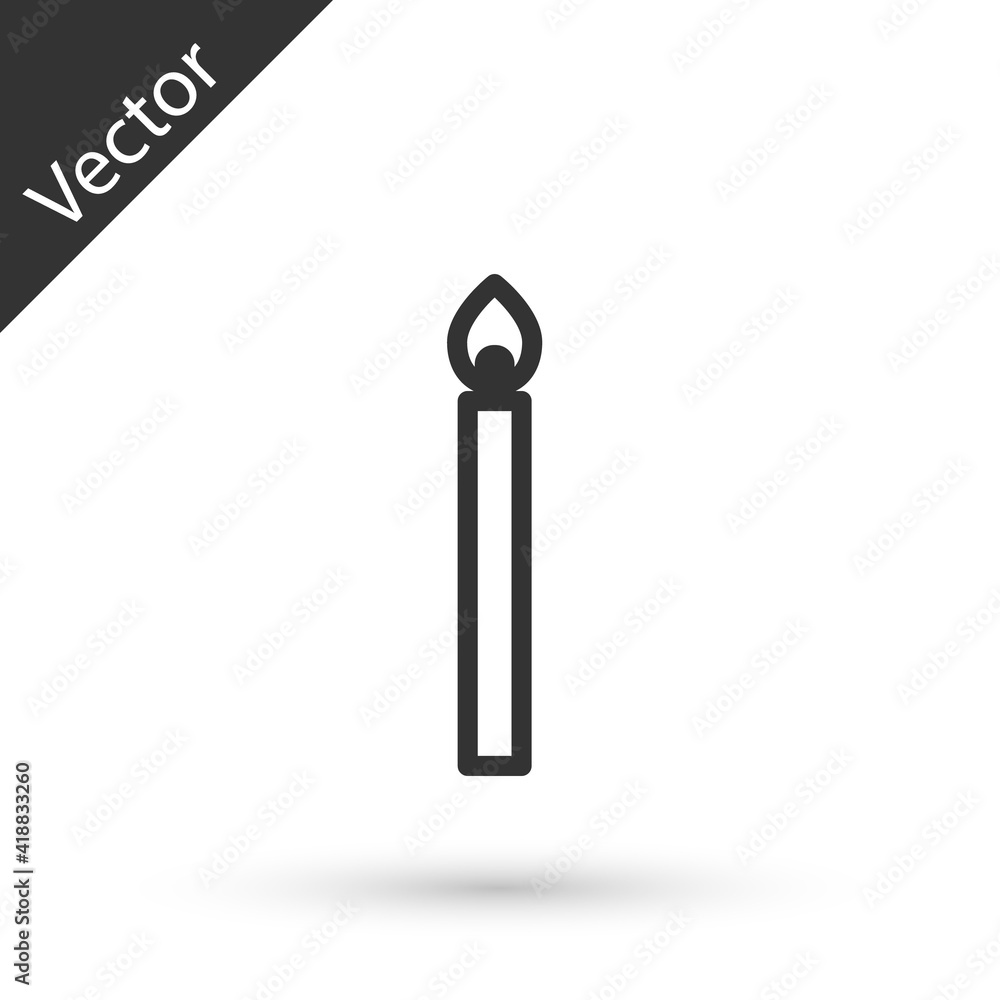 Grey line Burning candle icon isolated on white background. Cylindrical candle stick with burning flame. Vector. Grey line Burning candle icon isolated on white background. Cylindrical candle stick with burning flame. Vector.