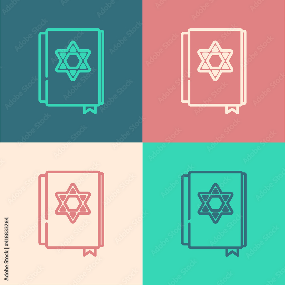 Pop art line Jewish torah book icon isolated on color background. Pentateuch of Moses. On the cover of the Bible is the image of the Star of David. Vector. Pop art line Jewish torah book icon isolated on color background. Pentateuch of Moses. On the cover of the Bible is the image of the Star of David. Vector.