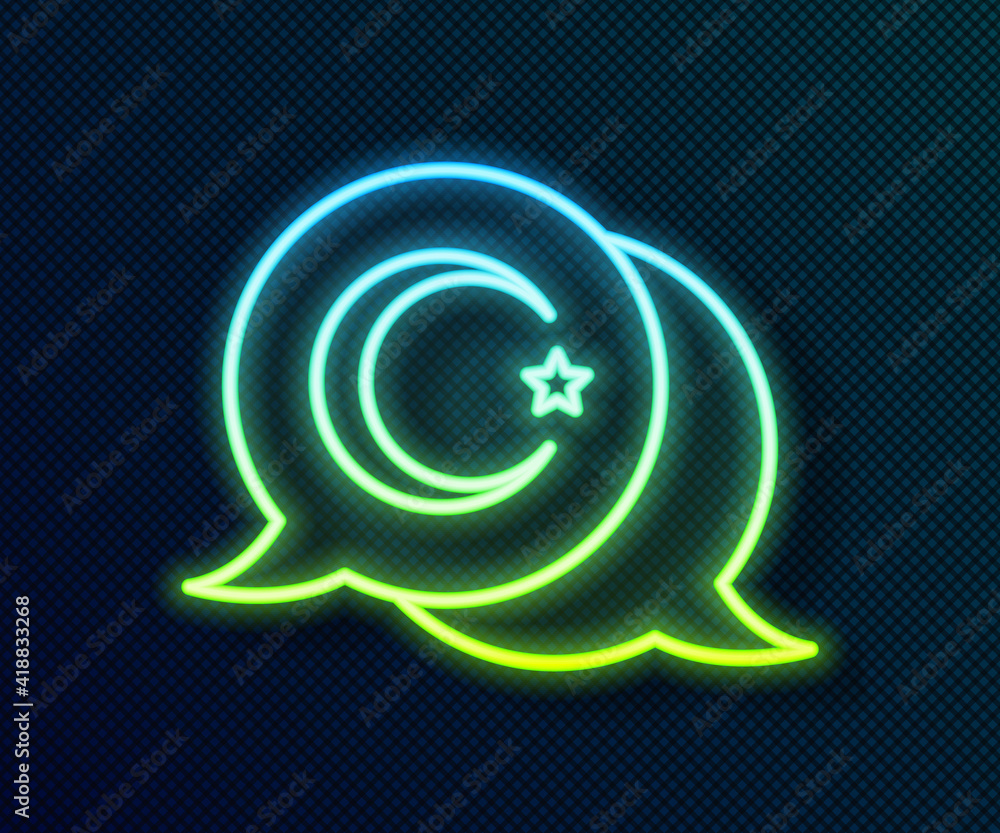 Glowing neon line Star and crescent - symbol of Islam icon isolated on black background. Religion symbol. Vector. Glowing neon line Star and crescent - symbol of Islam icon isolated on black background. Religion symbol. Vector.