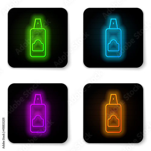 Glowing neon line Spray can for hairspray, deodorant, antiperspirant icon isolated on white background. Black square button. Vector.