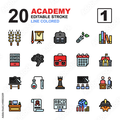 Icon Set of Academy. Line colored style icon vector. Editable Stroke and Pixel perfect.