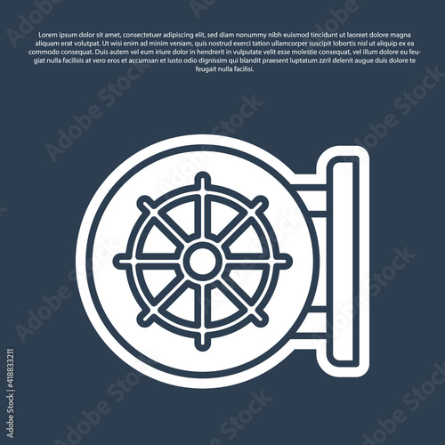Blue line Dharma wheel icon isolated on blue background. Buddhism religion sign. Dharmachakra symbol. Vector.
