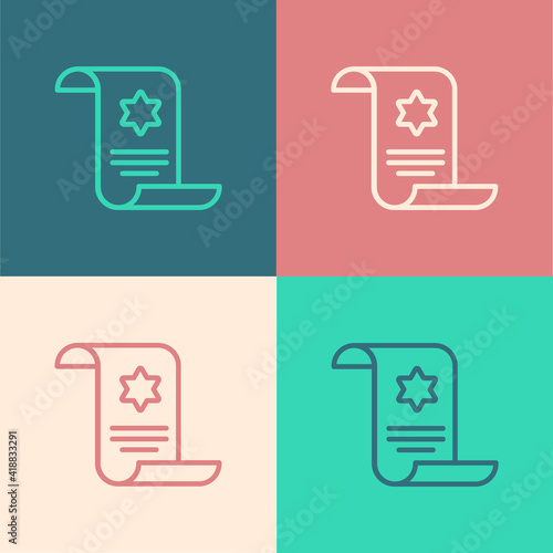 Pop art line Torah scroll icon isolated on color background. Jewish Torah in expanded form. Star of David symbol. Old parchment scroll. Vector.