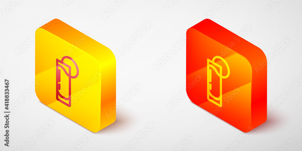 Isometric line Tequila glass with lemon icon isolated on grey background. Mexican alcohol drink. Yellow and orange square button. Vector. Isometric line Tequila glass with lemon icon isolated on grey background. Mexican alcohol drink. Yellow and orange square button. Vector.