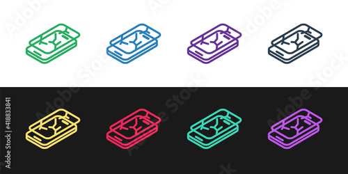 Set line Smartphone with broken screen icon isolated on black and white background. Shattered phone screen icon. Vector.