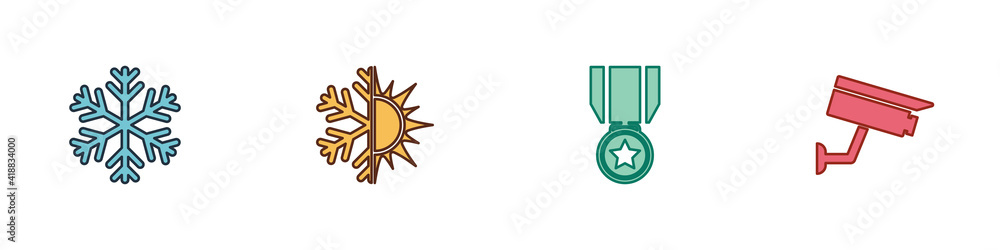 Set Snowflake, Sun and snowflake, Medal with star and Security camera icon. Vector. Set Snowflake, Sun and snowflake, Medal with star and Security camera icon. Vector.
