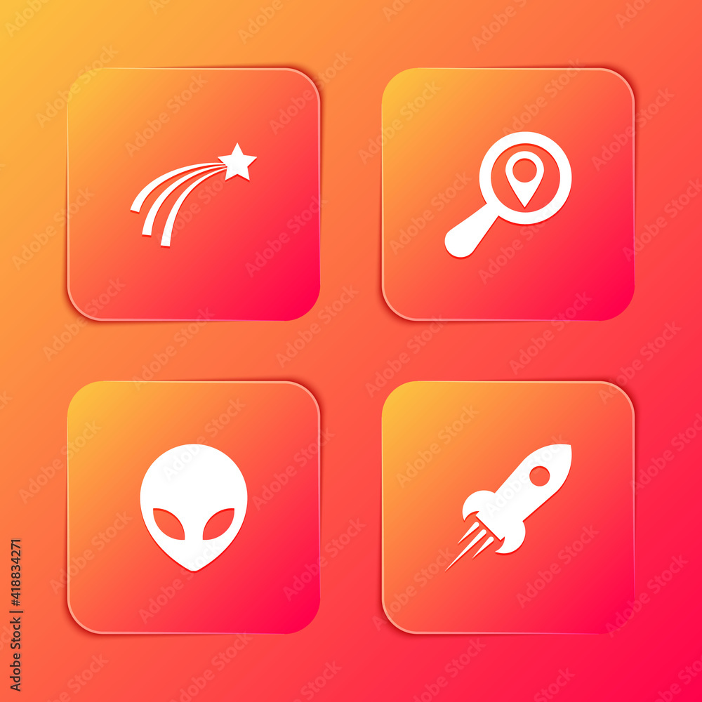 Set Falling star, Search location, Alien and Rocket ship with fire icon. Vector. Set Falling star, Search location, Alien and Rocket ship with fire icon. Vector.