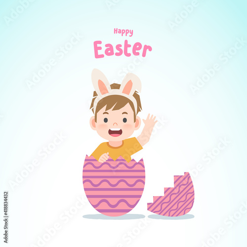 A boy wearing rabbit ears emerged from a merrily decorated purple egg, Easter egg, illustration vector, kids concept