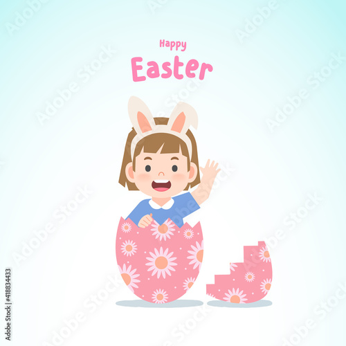 A girl wearing rabbit ears emerged from a merrily decorated flower pink egg, Easter egg, illustration vector, kids concept