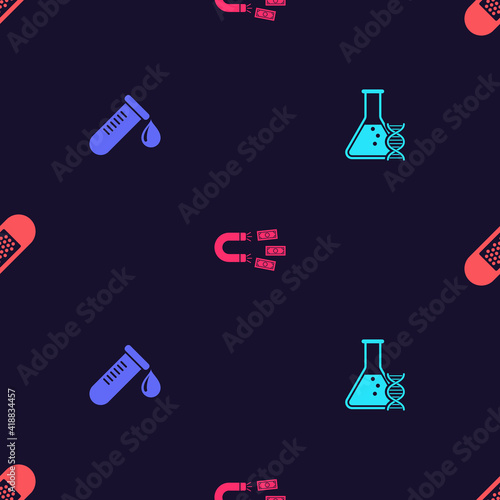 Set DNA research, search, Test tube with drop of blood, Magnet money and Bandage plaster on seamless pattern. Vector.