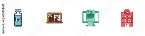 Set Pets vial medical, Clinical record dog on laptop, pet monitor and Veterinary medicine hospital icon. Vector.