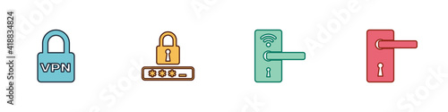 Set Lock VPN, Password protection, Digital door lock with wireless and Door handle icon. Vector.