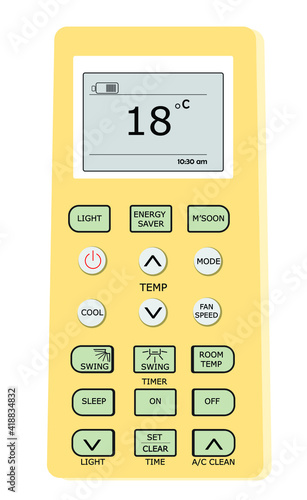Vector image of air conditioner remote control will common buttons and digital display. Temperature control remote in ac system