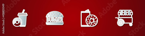 Set Soda drink with donut, Burger, Aluminum can soda and and Fast street food cart icon. Vector.