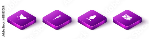 Set Isometric Devil heart with horns, Spanking paddle, Anal plug and Condoms package icon. Vector.