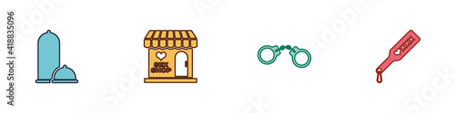 Set Condoms safe sex, Sex shop building, Handcuffs and Spanking paddle icon. Vector.