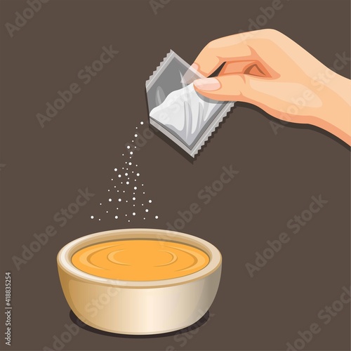 Hand put seasoning powder sachet to food bowl. cooking instruction symbol illustration vector