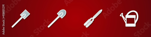 Set Garden shovel, , Gardening handmade scissor and Watering can icon. Vector.
