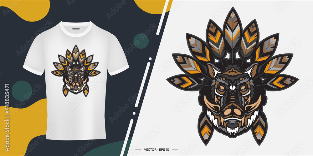 Boar head with Indian feathers. Ready-made print for T-shirts, cups and phone cases. Vector illustration.