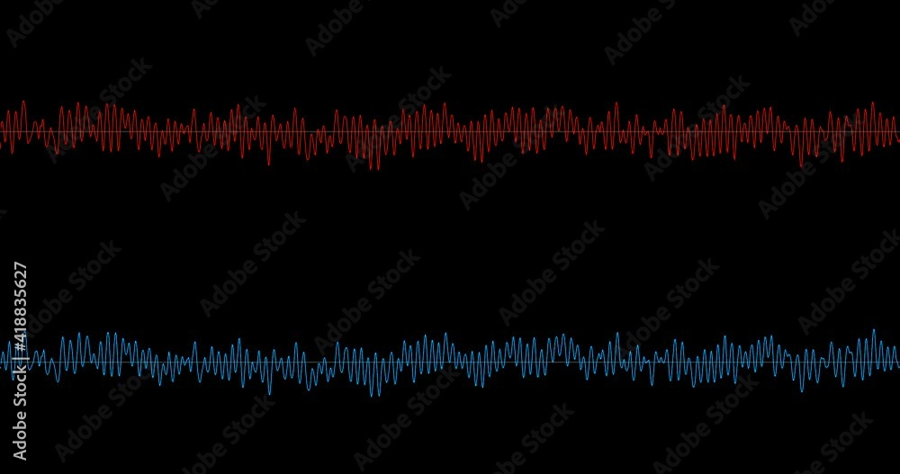 A red and blue pulsating Oscilloscope display on a black background A red and blue pulsating Oscilloscope display on a black background