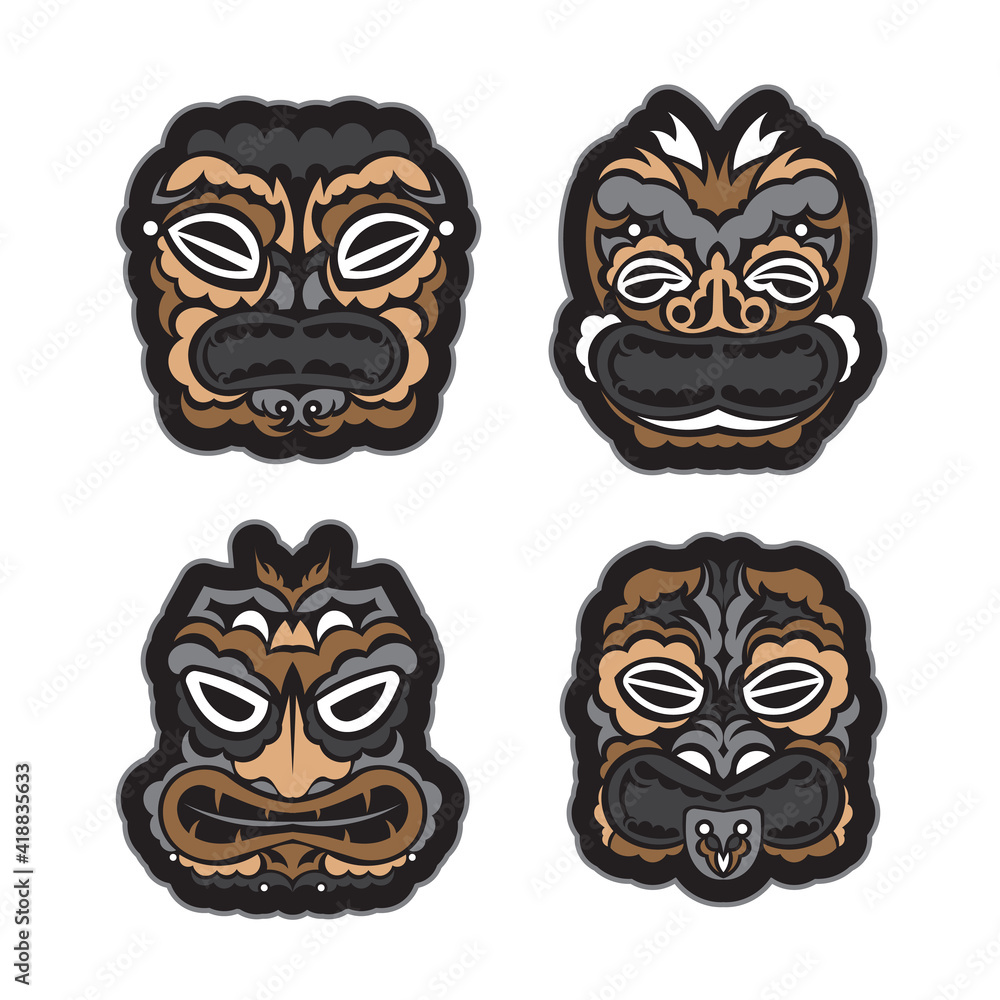 Polynesia and Maori masks set. Hawaiian style faces. Isolated, vector.