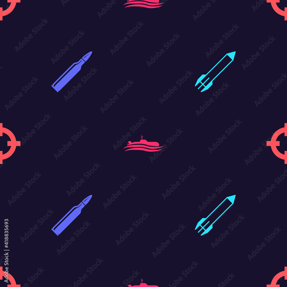 Set Rocket, Bullet, Submarine and Target sport on seamless pattern. Vector. Set Rocket, Bullet, Submarine and Target sport on seamless pattern. Vector.