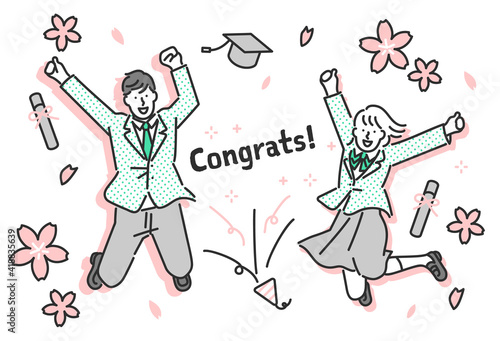 卒業祝い・合格祝いをする男子学生と女子学生の全身イラスト素材