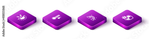 Set Isometric Sun and snowflake, Meteorology thermometer, Rainbow with clouds and UV protection icon. Vector.