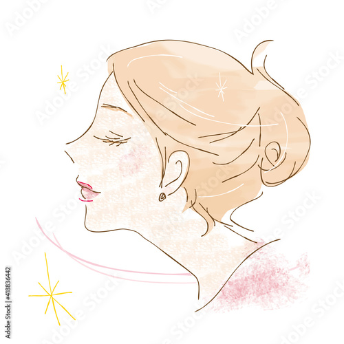 手描き_女性_イラスト_横顔_アップ_おしゃれ_手描き_カラー  hand drawn beauty women illust image side view color