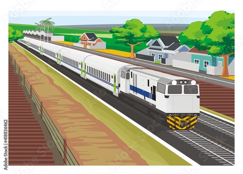Passenger train passing village. Simple illustration in perspective view.