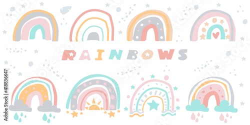 Doodle style rainbow set. Abstract composition forms. Gentle colors. Fashionable childish naive print. Colorful stylish