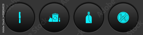Set Disposable plastic knife, Recycle bin with recycle, Bottle of liquid soap and Say no to bags poster icon. Vector.