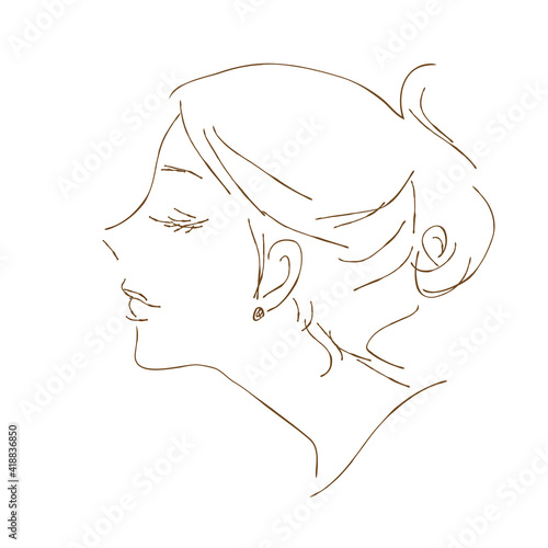 手描き_女性_イラスト_横顔_アップ_おしゃれ_手描き_線画 hand drawn beauty women illust image side view mono Line art