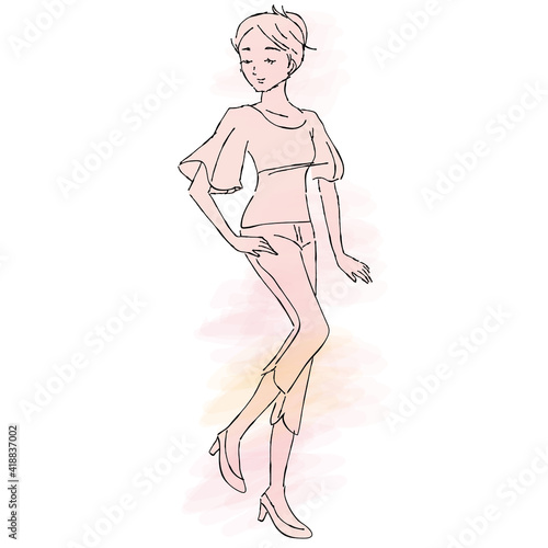 手描き_女性イラスト_全身_アップ_おしゃれ__春_夏_アクティブ_パステル hand drawn beauty women illust image stand up style pastel color whole body