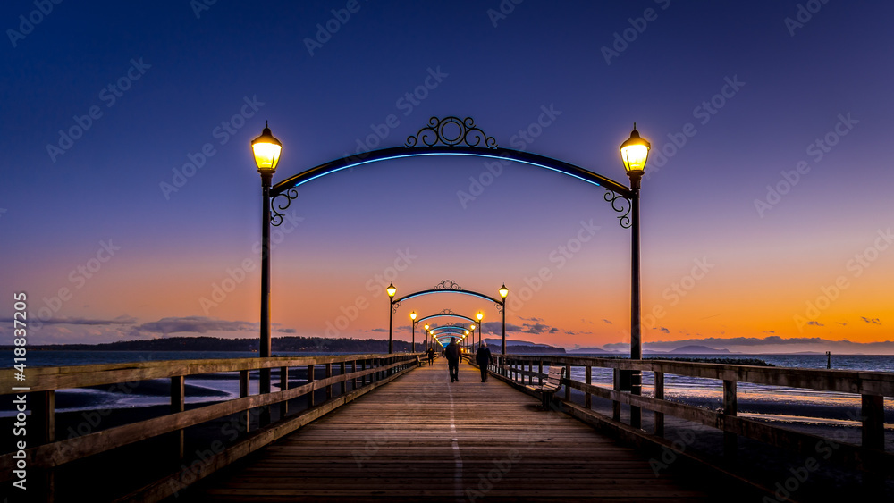 Blue Hour over Canada's Longest Pier in Semiahmoo Bay at the village of White Rock in British Columbia, Canada