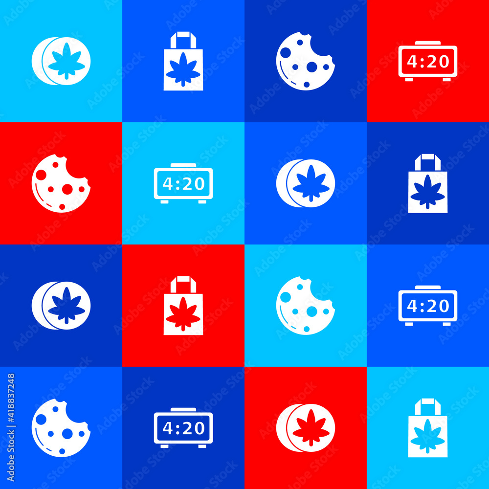 Set Herbal ecstasy tablets, Shopping paper bag of marijuana, Cookies with and Digital alarm clock icon. Vector. Set Herbal ecstasy tablets, Shopping paper bag of marijuana, Cookies with and Digital alarm clock icon. Vector.