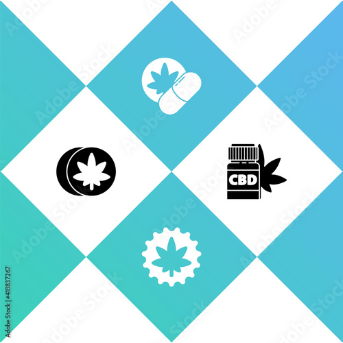 Set Herbal ecstasy tablets, Marijuana or cannabis leaf, and Medical bottle with marijuana icon. Vector.