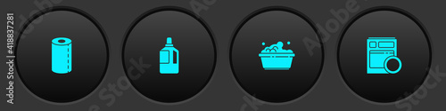 Set Paper towel roll, Fabric softener, Plastic basin with soap suds and Kitchen dishwasher machine icon. Vector.
