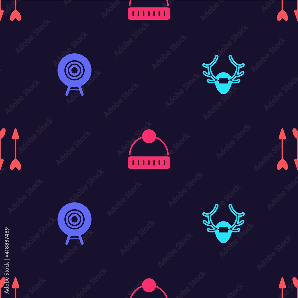 Set Deer antlers on shield, Target sport, Winter hat and Hipster arrows on seamless pattern. Vector. Set Deer antlers on shield, Target sport, Winter hat and Hipster arrows on seamless pattern. Vector.