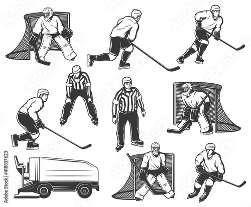 Ice hockey player, goaltender and referee characters set. Ice hockey players skating with stick, goalkeeper protecting goal frame, referee watches game, rink resurfacer isolated, monochrome vectors