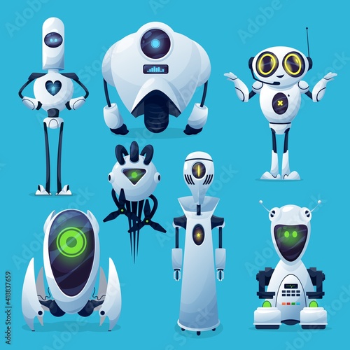 Future robots, alien robotic life or androids characters. Futuristic machines with artificial intelligence, sci-fi droids or flying drones with tentacles, evil and cute cyborg, ai assistant vector