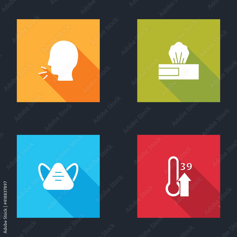 Set Man coughing, Wet wipe pack, Medical protective mask and High human body temperature icon. Vector. Set Man coughing, Wet wipe pack, Medical protective mask and High human body temperature icon. Vector.