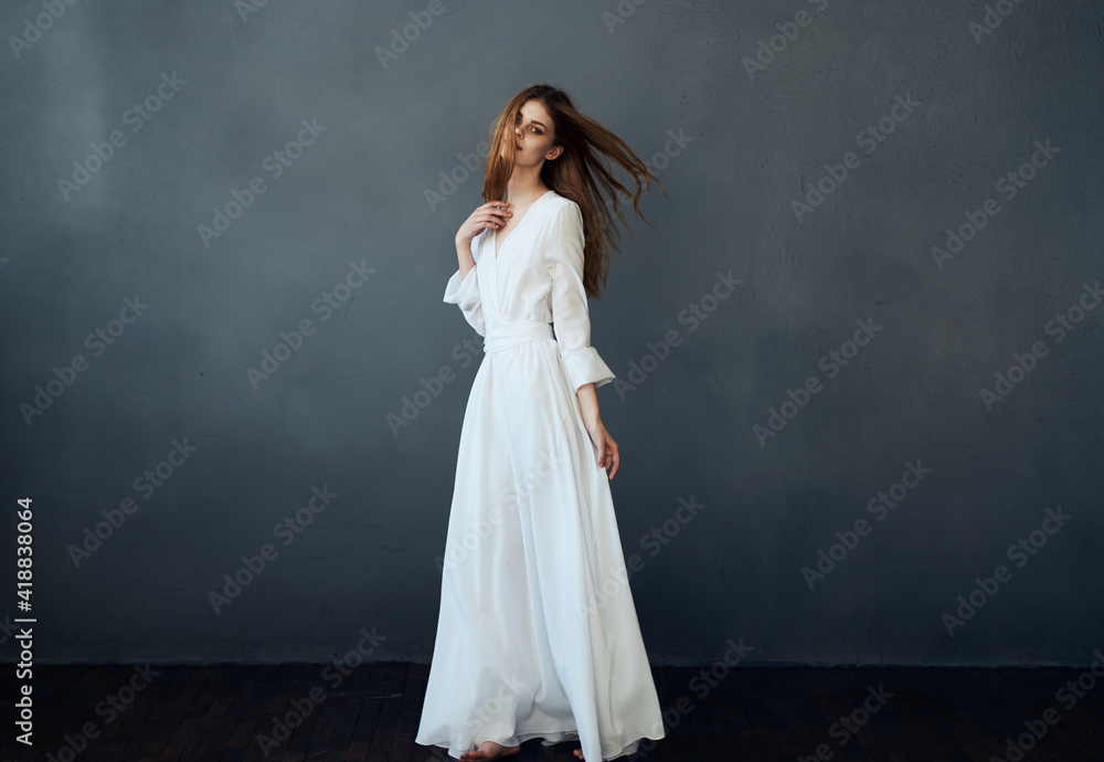 pretty woman in white dress elegant style dance model pretty woman in white dress elegant style dance model