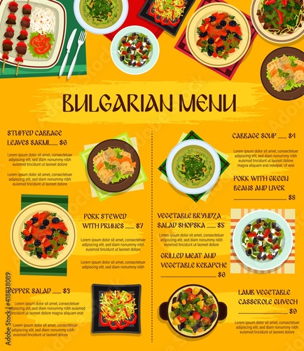 Bulgarian cuisine vector menu template stuffed cabbage leaves sarmi, pepper salad, grilled meat and vegetable kebapche. Bryndza salad shopska, pork with green beans and liver food meals of Bulgaria