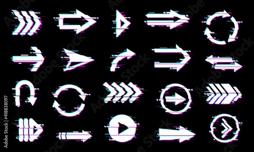 Arrows pointers icons, web navigation design elements with glitch effect. Play button, circle arrows and cursors with display malfunction, signal loss or glitched screen digital noise vector