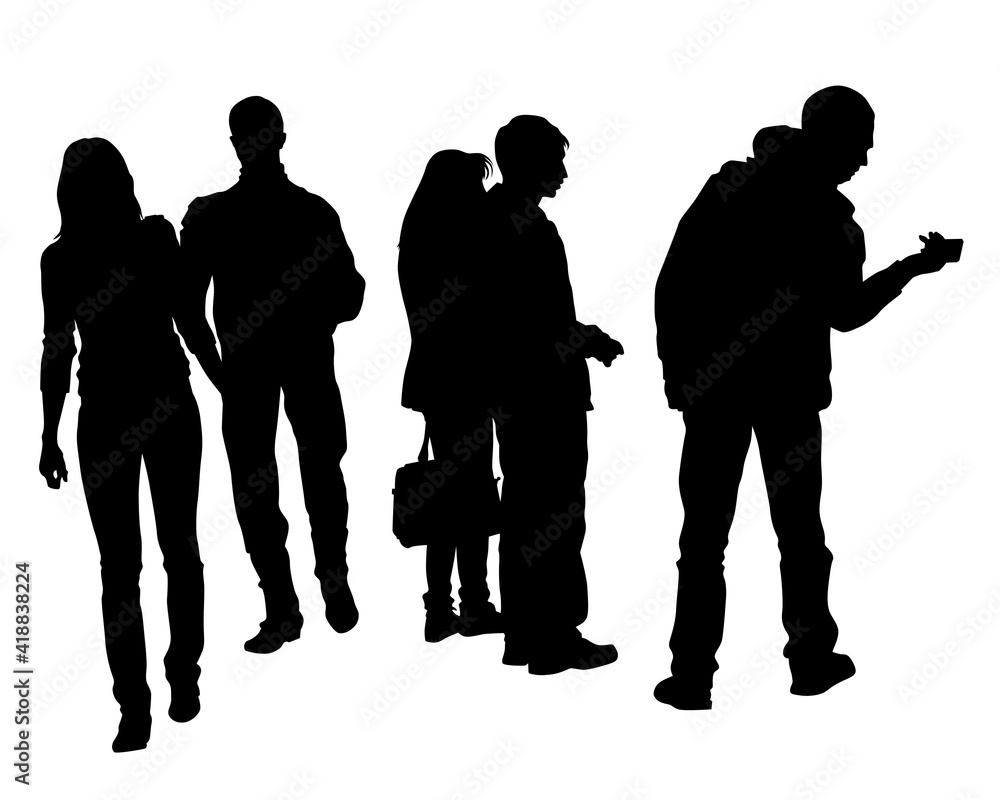 Man and women on on street. Isolated silhouette on a white background