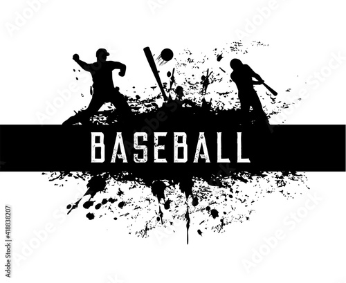 Baseball vector grunge label or emblem with black silhouettes of playing sportsmen in helmet with bat hit ball on stadium. Sport game championship, tournament league, icon isolated on white background