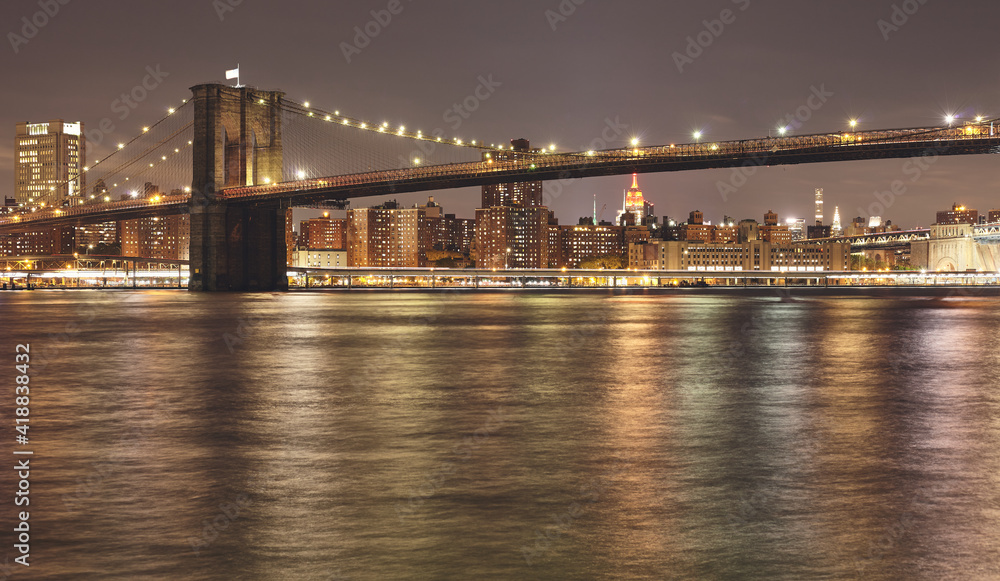 Brooklyn Bridge at night, USA.